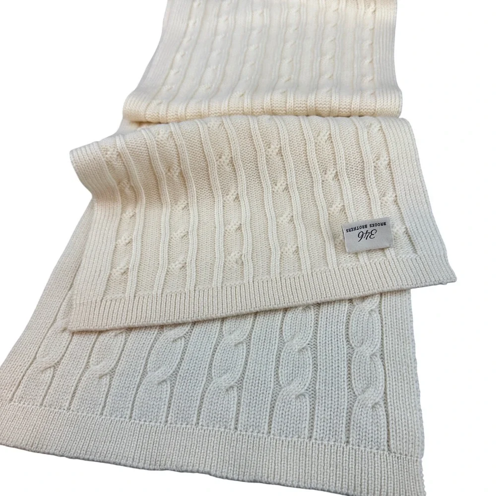 Brooks Brothers 346 Cream Cable Knit Scarf‎ Neutral Winter Unisex Cottagecore